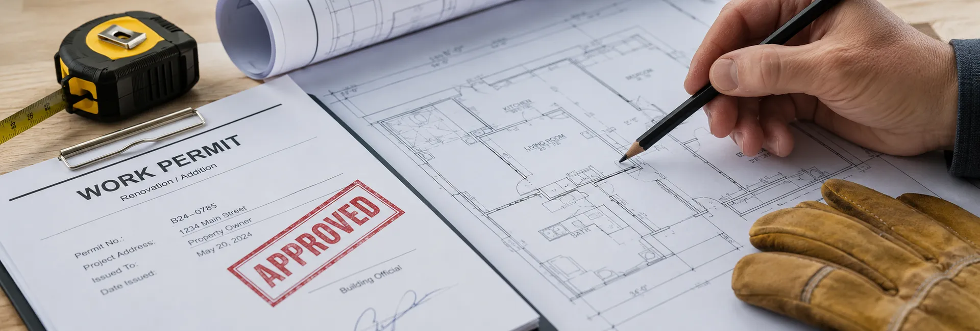 An approved work permit, blueprints, and tools — Las Vegas contractor license and permit background