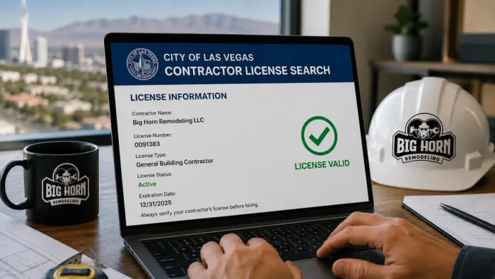 Contractor license search result showing Big Horn Remodeling's active, valid Nevada license