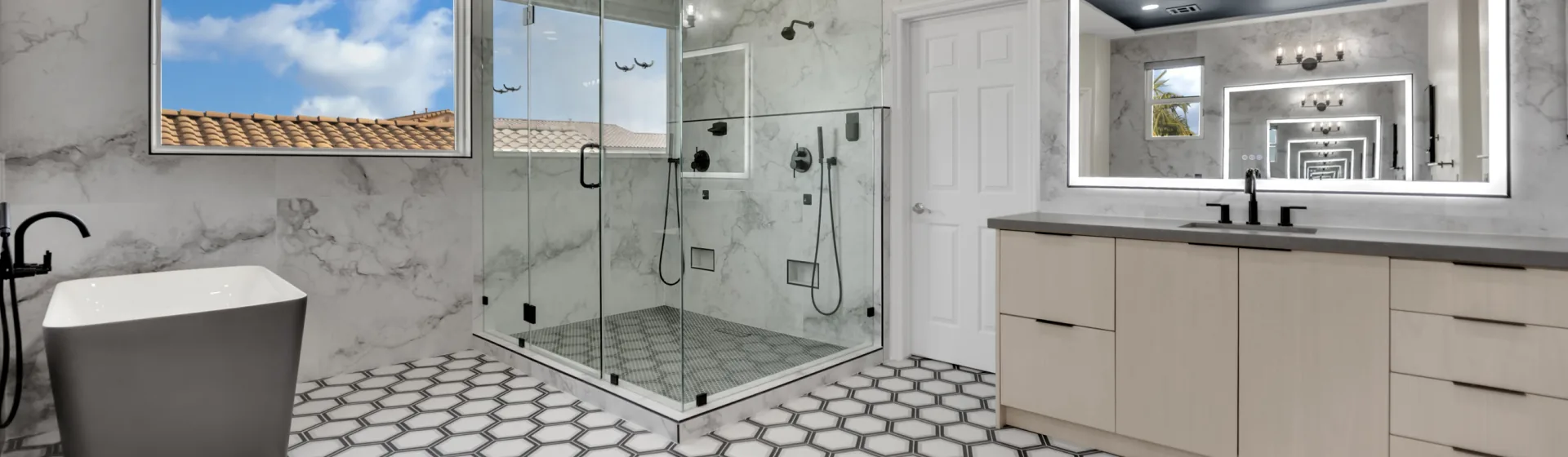 Las Vegas bathroom remodel hero background with finished shower and vanity details