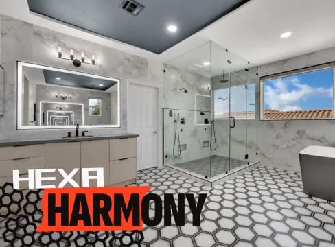 Bathroom remodel in Enterprise, Las Vegas - hexagon tile pattern and coordinated bathroom finishes | Big Horn Remodeling
