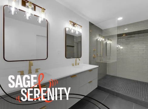 Bathroom remodel in Summerlin, Las Vegas - sage tile walls and matte black fixtures | Big Horn Remodeling