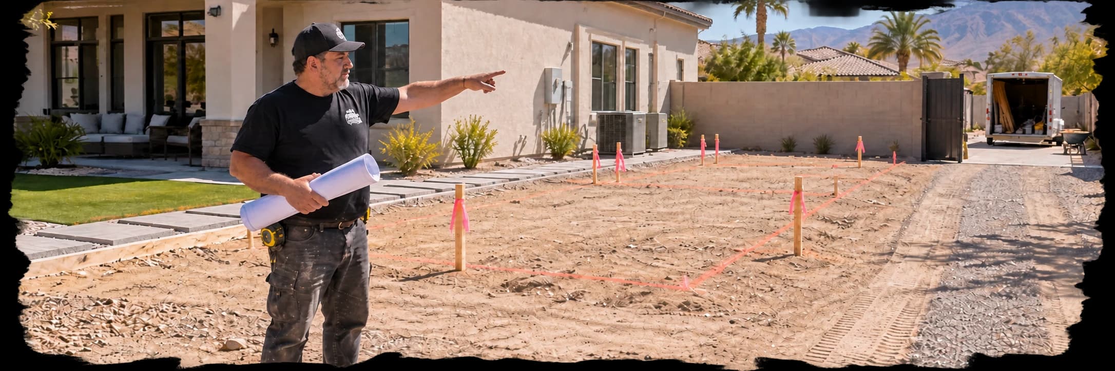 A person holding plans points across a marked backyard site beside a home and an equipment access route.