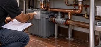 Worker reviewing a clipboard beside copper piping and commercial equipment connections.