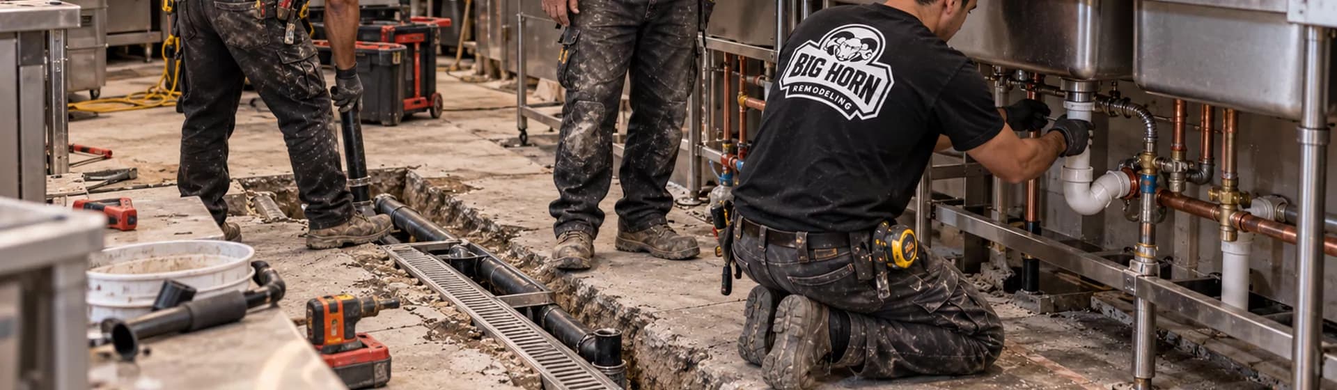 Plumbing crew working on exposed floor drains and connections beneath stainless steel restaurant sinks.
