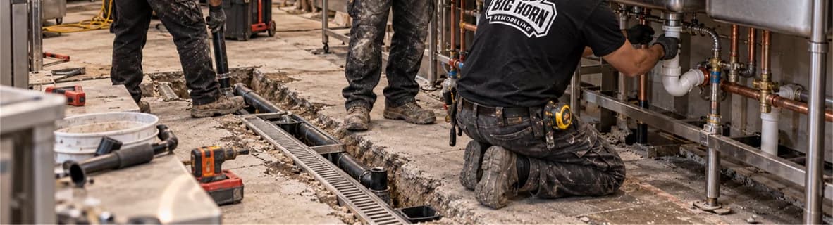 Commercial plumbing crew installing sink connections beside an open floor trench.