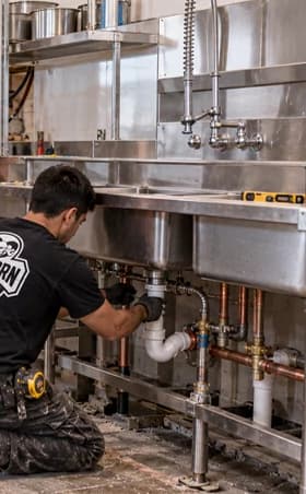 Worker adjusting drain connections beneath a stainless steel commercial sink.
