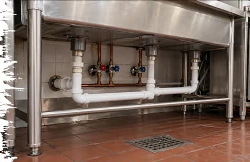 Water supply valves and white drain piping beneath a stainless steel restaurant sink.