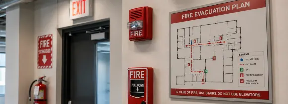 Commercial fire life safety inspection planning for sprinkler, alarm, egress, and exit signage scope