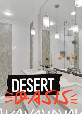 Bathroom remodel in Henderson, Las Vegas Valley — sand-tone porcelain and brushed fixtures | Big Horn Remodeling