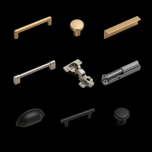 Kitchen cabinet hardware options with pulls, knobs, hinges, and soft-close drawer slides