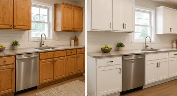Before and after cabinet refacing showing wood cabinets changed to white shaker doors