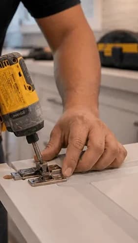 Drilling a cabinet hinge during kitchen cabinet installation and door alignment