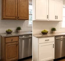 Before and after kitchen cabinet refacing from wood doors to white shaker fronts
