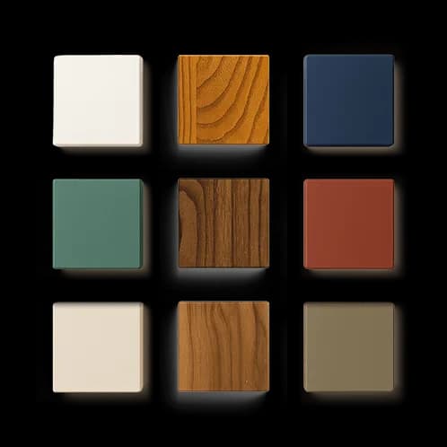 Cabinet finish samples with painted colors, stained wood, and natural wood options