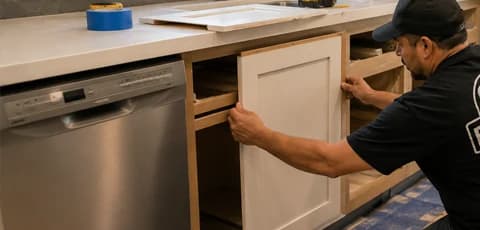 Installer fitting a new cabinet door front during cabinet refacing