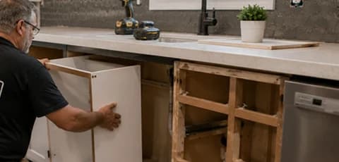 Installer removing old kitchen cabinet boxes during cabinet replacement