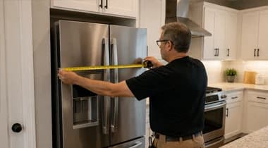 Measuring refrigerator width and appliance clearances before kitchen cabinets are ordered
