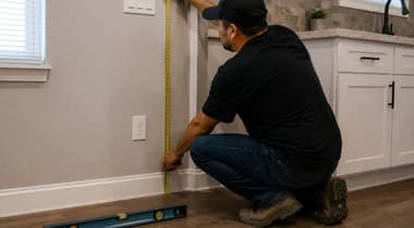 Measuring wall height, floor level, and base conditions for accurate cabinet fit