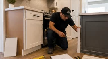 Checking cabinet panels, trim pieces, and island end conditions before installation