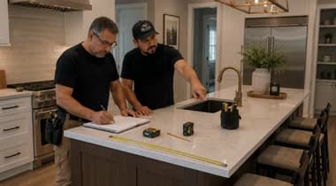 Reviewing island measurements and countertop template planning before cabinet order