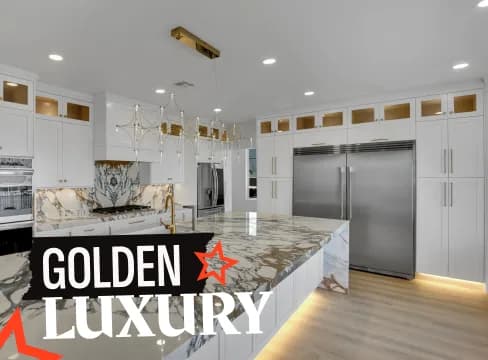 Enterprise kitchen remodel with quartz waterfall edge, appliance planning, lighting updates, and finish coordination
