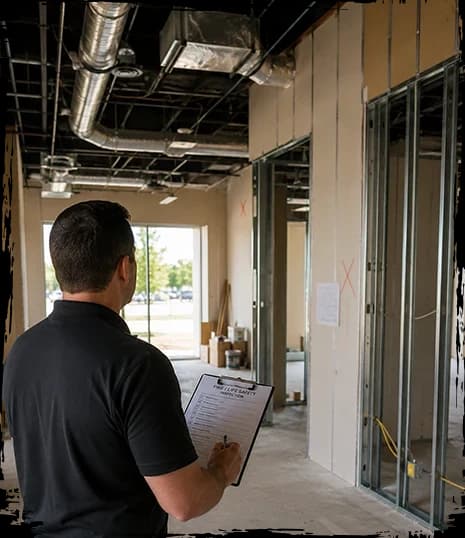 Contractor reviewing a construction checklist beneath exposed ductwork in an unfinished commercial space.