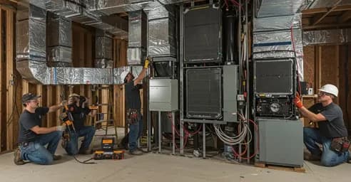 Technicians working on HVAC units and ductwork in an unfinished interior.