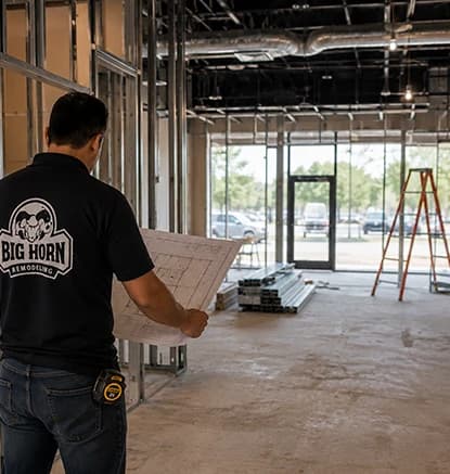 Contractor holding plans in an unfinished commercial interior with exposed ceiling services.