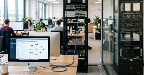 Office work area beside server racks and network equipment.
