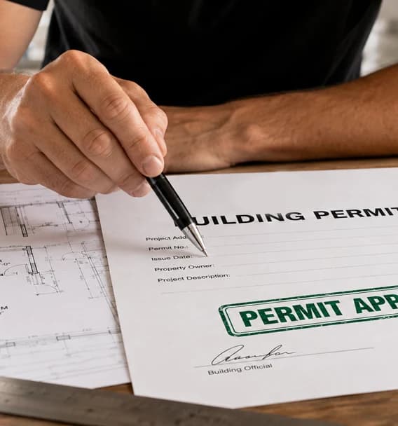 Hand holding a pen over a building permit form and architectural floor plans.