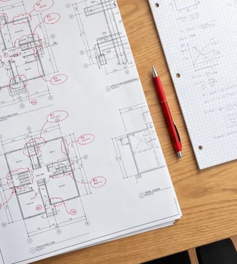 Plan-check markups on construction drawings beside a red pen and graph paper.