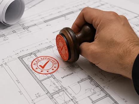 Hand applying a plan-approved stamp to a residential architectural floor plan.