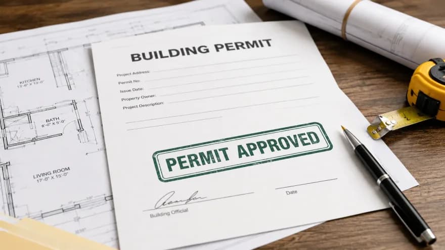 Approved building permit form on a desk beside a floor plan, a rolled plan set, and a tape measure.