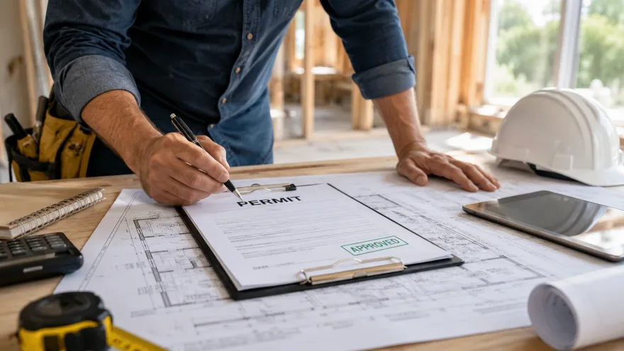Contractor signing a permit form on a clipboard over construction drawings inside a framed building.