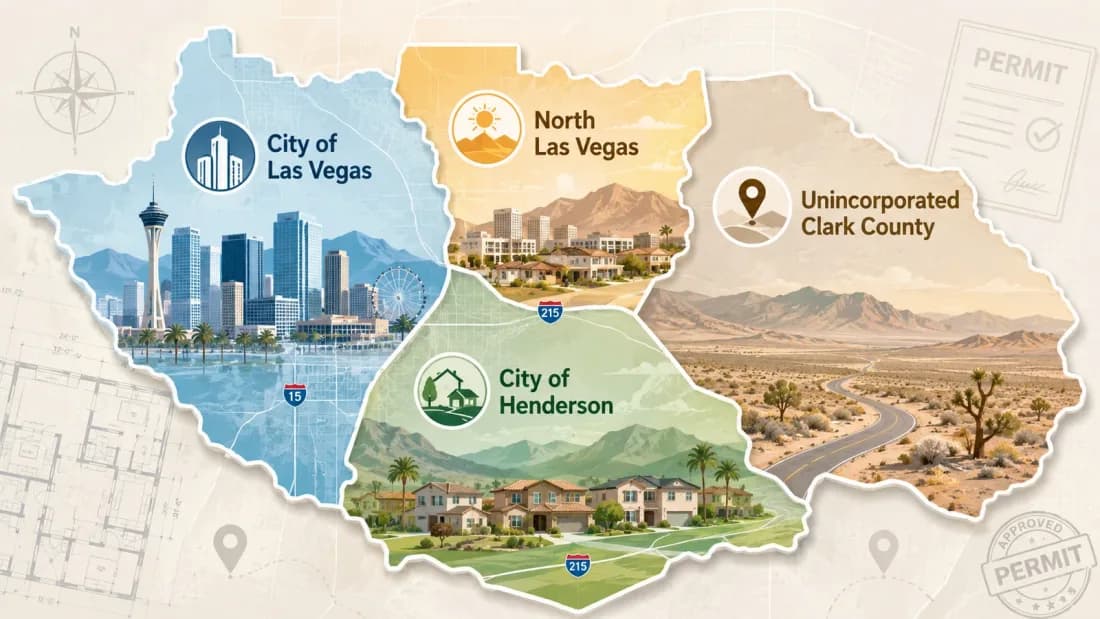 Illustrated map of Las Vegas valley permitting jurisdictions: the City of Las Vegas, North Las Vegas, Henderson and unincorporated Clark County.