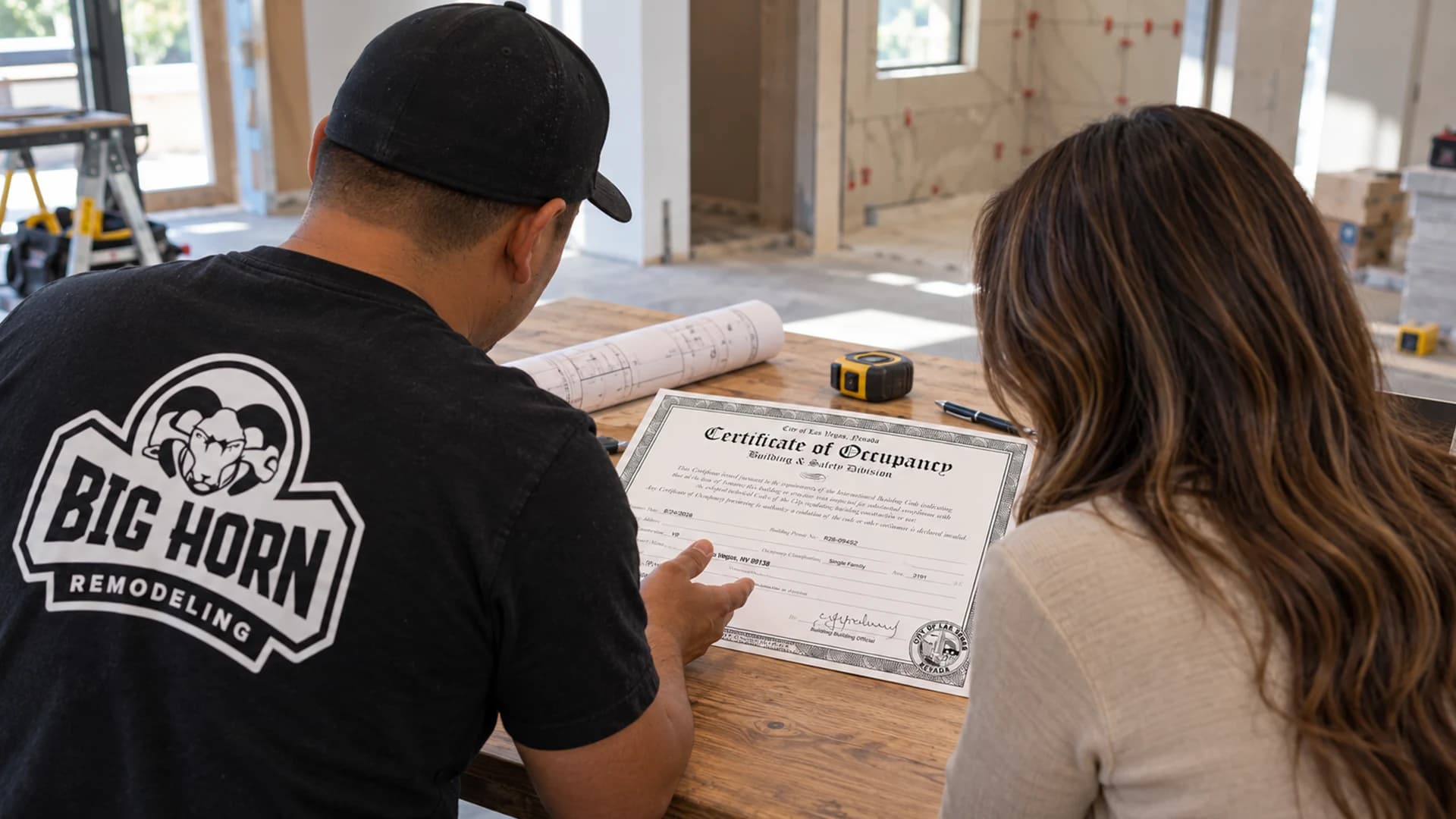 Two people reviewing a Certificate of Occupancy and building plans at a construction site.