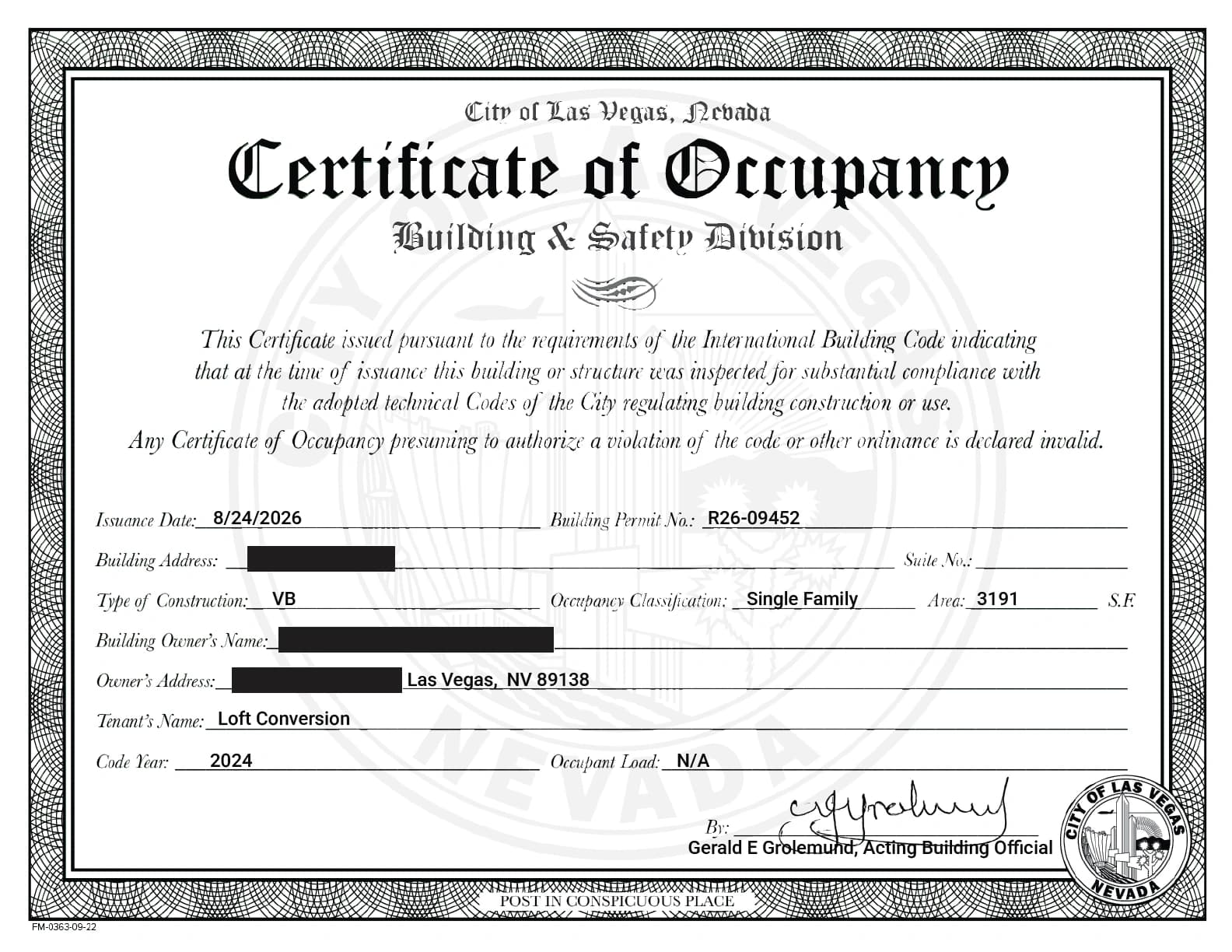 Redacted City of Las Vegas Certificate of Occupancy for the Stonebridge loft conversion, issued August 24, 2026.