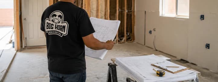 Big Horn Remodeling crew member holding construction plans beside a worktable in a partially remodeled room