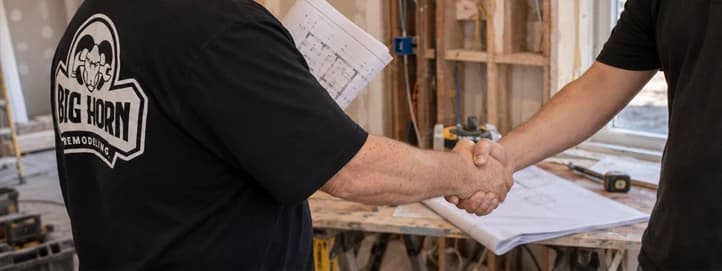Big Horn Remodeling crew member shaking hands with another person over rolled plans in a partially framed room