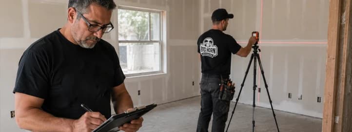 Worker writing notes on a clipboard while a Big Horn Remodeling crew member operates a cross-line laser level in an unfinished room