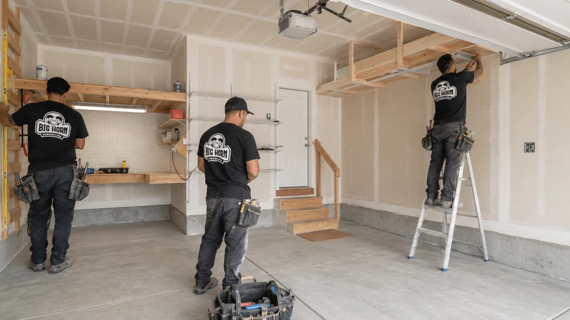 Three Big Horn Remodeling crew members measuring walls and overhead framing inside a garage