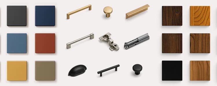 Cabinet finish samples with paint colors, wood tones, hinges, pulls, and knobs on a white background