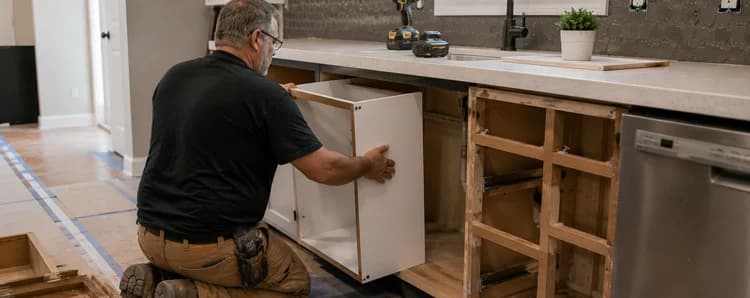 Installer working on lower kitchen cabinets during cabinet refacing or replacement