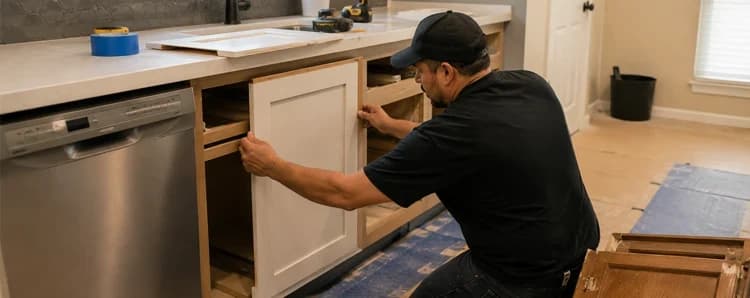 Cabinet installer fitting a white cabinet door on a lower kitchen cabinet