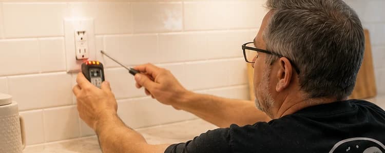 Contractor checking an electrical outlet in a white tile kitchen backsplash