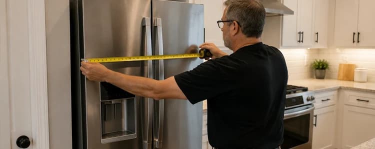 Contractor measuring a stainless refrigerator opening in a white kitchen before cabinet ordering