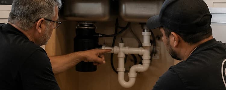 Two contractors reviewing drain and disposal plumbing inside a kitchen sink base cabinet