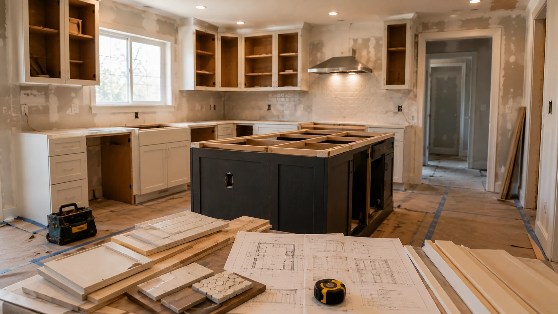 Finished Las Vegas kitchen remodel with new cabinetry, countertops, range hood, and large island