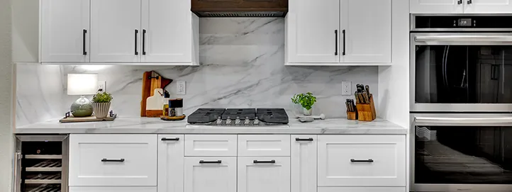 Detail of navy blue custom cabinets in a Queensridge kitchen remodel in Las Vegas, Nevada