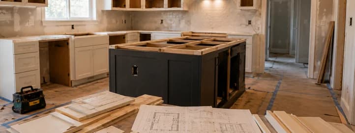 Approved plans, inspection checklist, cabinet hardware, material samples, and renovation documents in front of a kitchen under construction
